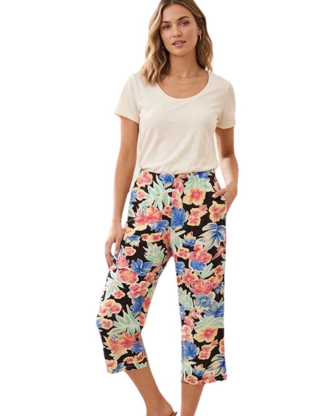 Bay Studio Linen Blend Floral Capris - Black, Red, Blue, Green 90’s
